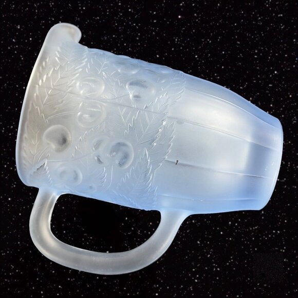 Vintage Light Blue Satin Frosted Glass Raised Cherries Leaves Carafe Pitcher Jug - Picture 5 of 12